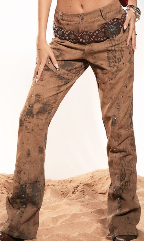 Plt - Brown Acid Wash Studded Detail Flare Jeans