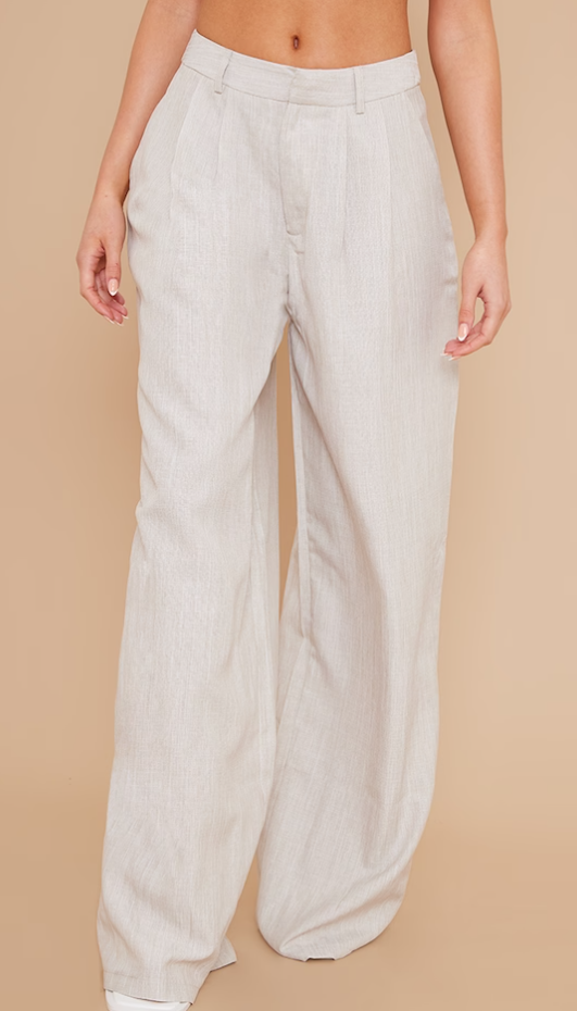 Stone Woven Linen Feel Tailored High Waist Wide Leg Trousers