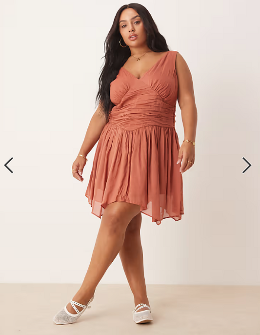 ASOS DESIGN Curve v neck mini dress with hanky hem in terracotta