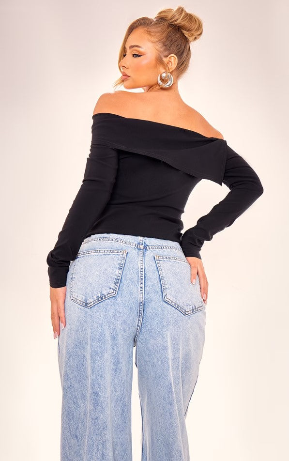 Black Stretch Woven Bardot Long Sleeve Top