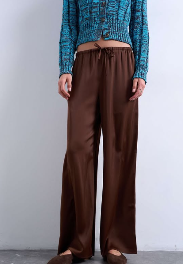 Top shop satin tie waist wide leg trouser in champagne