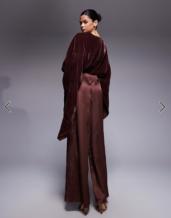 ASOS DESIGN velvet bodice satin wide leg jumpsuit in chocolate