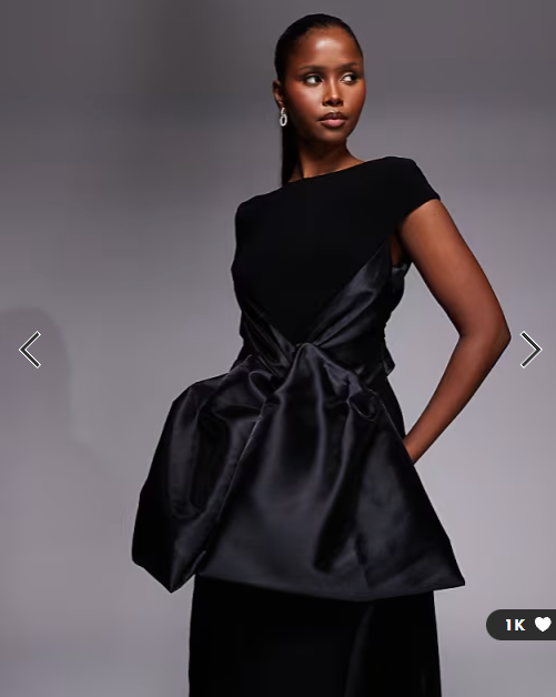 ASOS DESIGN Premium maxi dress with satin contrast bow front and train in black
