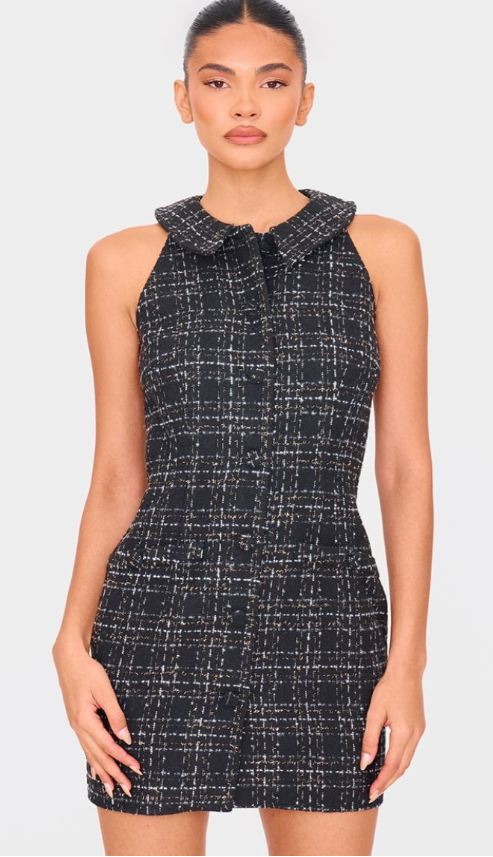 Black Boucle Button Up Mini Dress