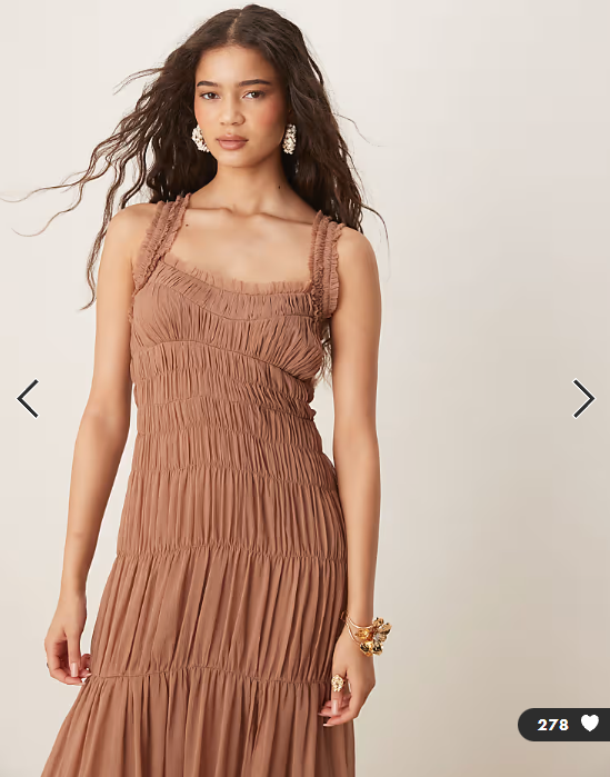 ASOS DESIGN shirred tiered ruffle trim maxi dress in mauve
