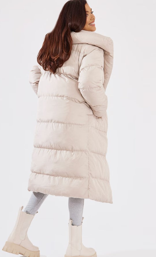 Taupe Chevron Quilted Maxi Puffer Coat