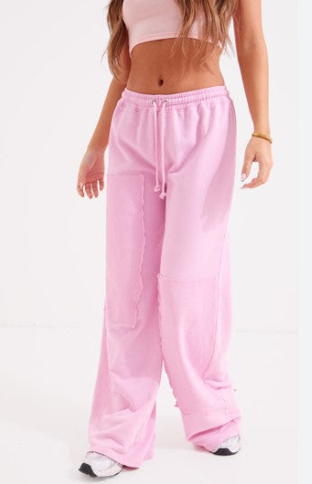 Baby Pink Loopback Rib Patch Wide Leg Joggers