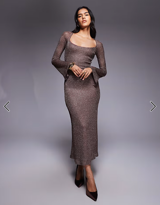 ASOS DESIGN glitter knit scoop neck long sleeve maxi dress in rose gold