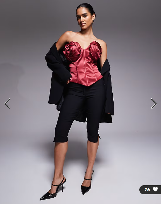 ASOS LUXE bonded satin corset bandeau top with corsage detail in berry