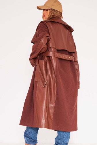 Chocolate Contrast Faux Leather Wool Look Belted Trench Coat