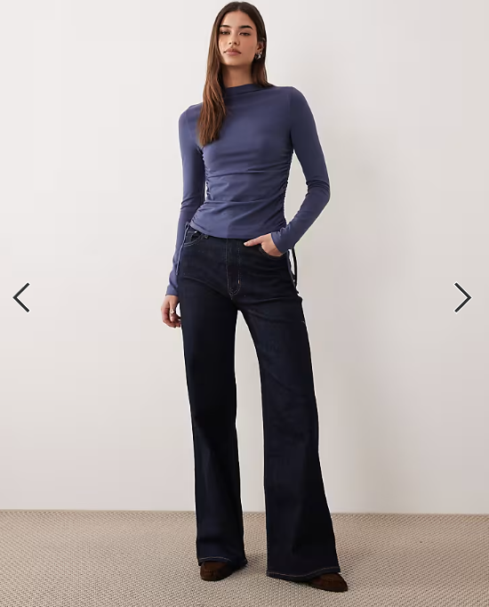 ASOS DESIGN ruched detail tie side high neck long sleeve top in dusky blue