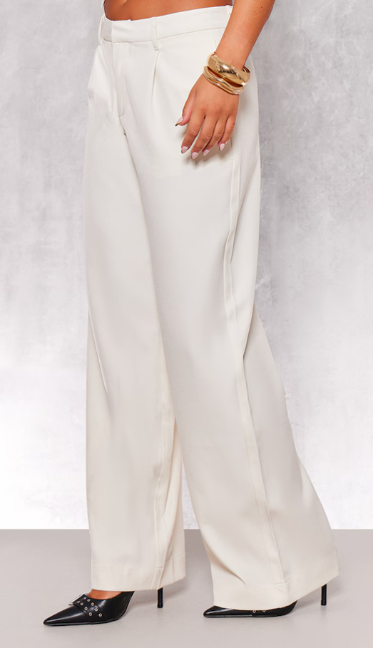 White Woven Tailored High Waist Pleated Pants