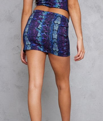 PURPLE SNAKE PRINT STRETCH WOVEN MICRO MINI SKIRT