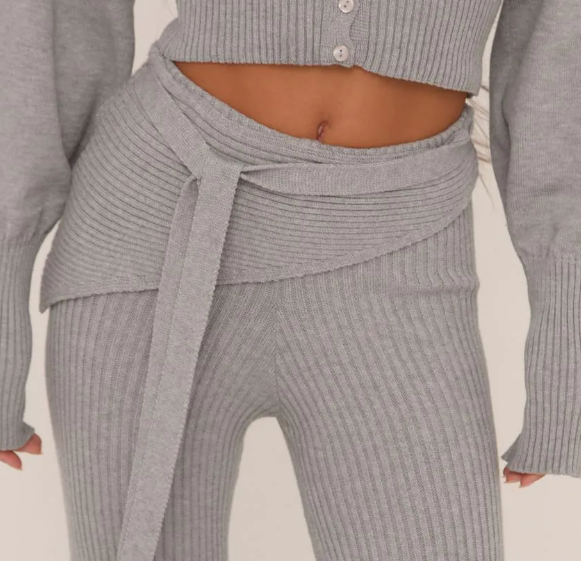 High Foldover Waist Tie Side Flared Trousers In Grey Knit