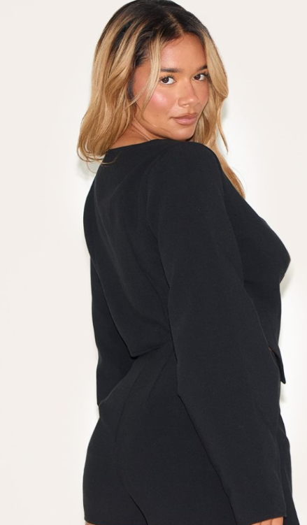 Shape Black Linen Look Asymmetrical Hammered Button Blazer