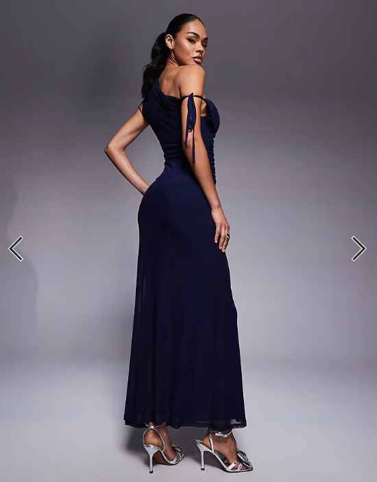 ASOS DESIGN mesh one shoulder draped maxi dress in navy