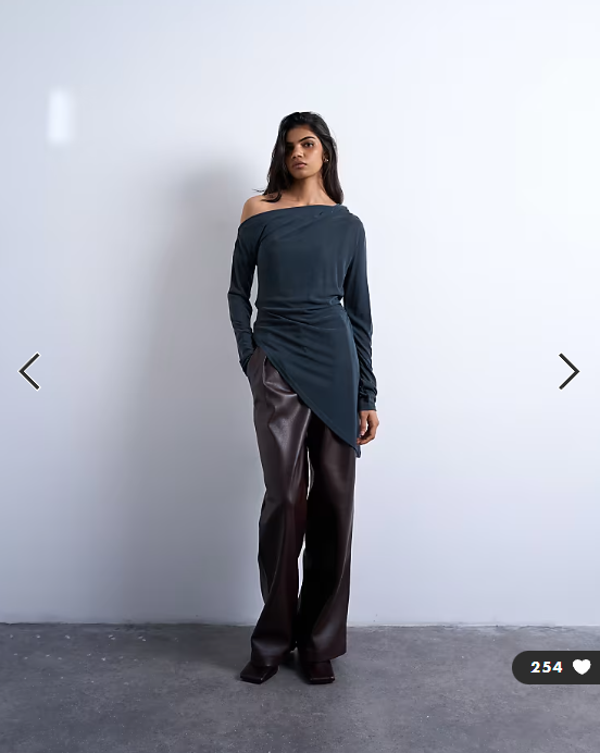 Topshop cupro off shoulder tunic long sleeve top in charcoal grey