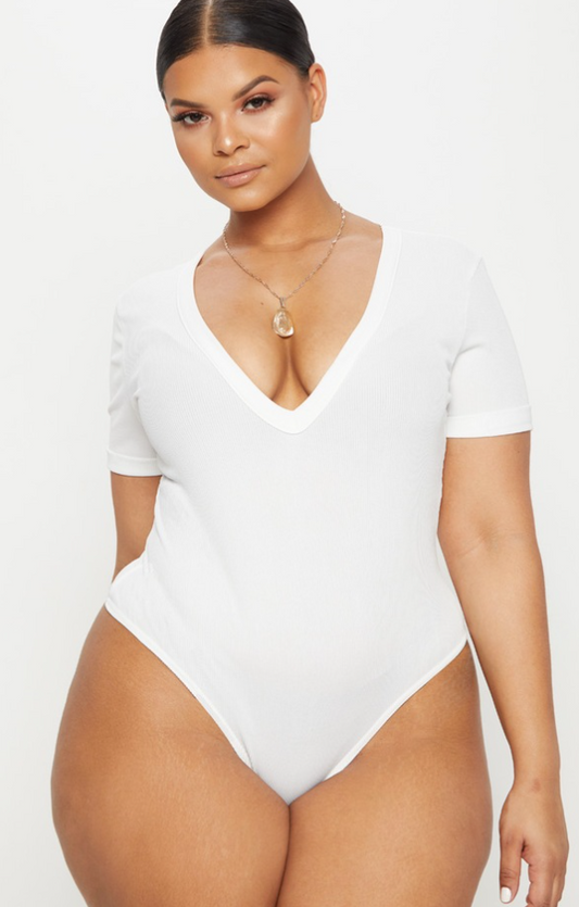 Plus White Ribbed Plunge Short Sleeve Bodysuit