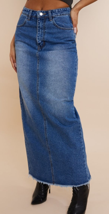 Plt - Mid Blue Wash Raw Hem Denim Maxi Skirt