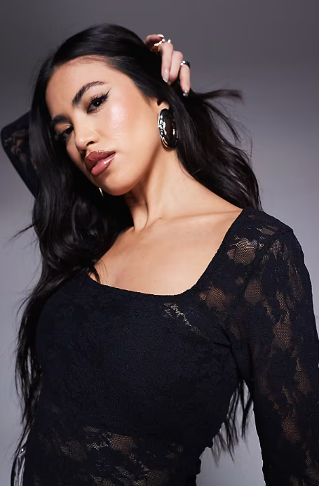 ASOS DESIGN square neck sheer lace top in black