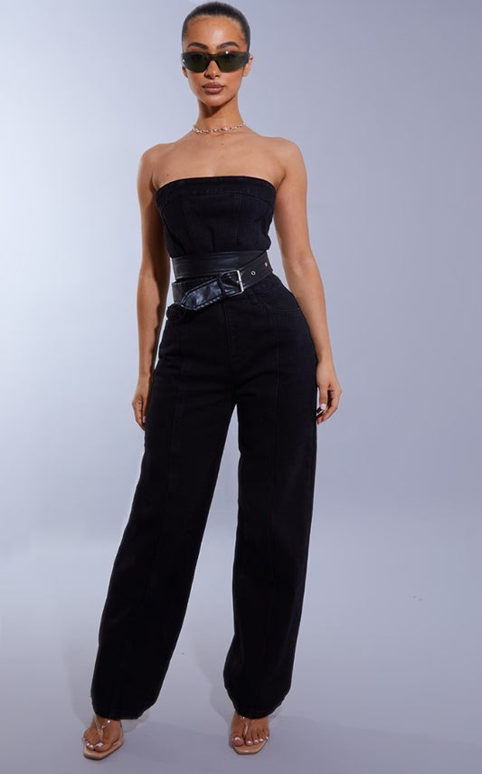 Petite Washed Black Bandeau Denim Jumpsuit
