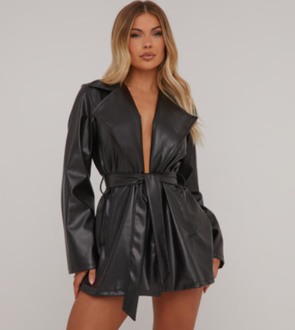 Tie Waist Detail Blazer Dress In Black Faux Leather