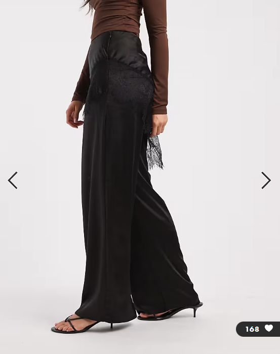 ASOS DESIGN tailored wide leg satin trousers with lace trim skirt overlay in black