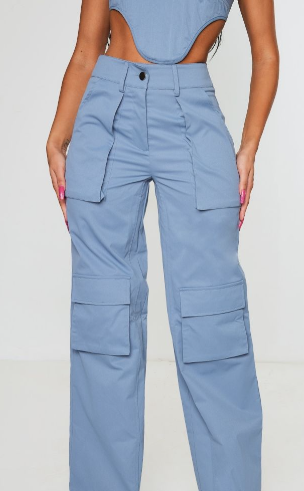 Steel Blue Twill Pocket Detail High Waist Cargo Trousers