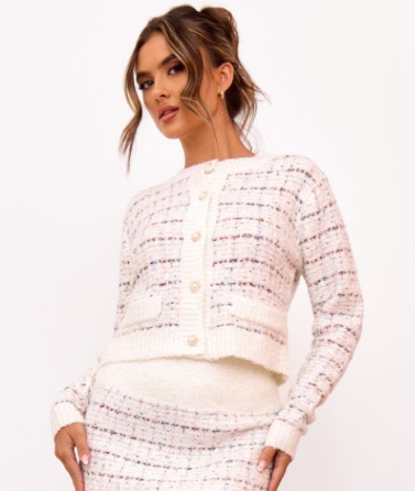 Multi Contrast Boucle Knit Button Up Cardigan
