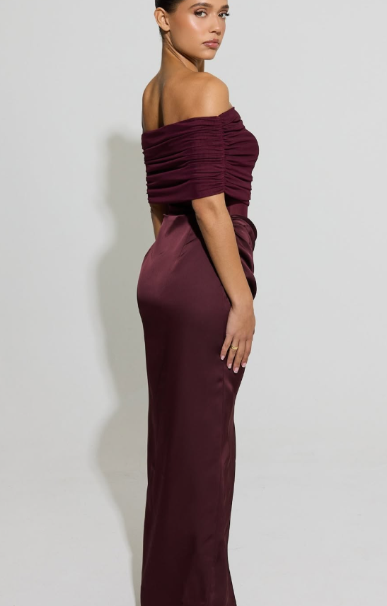 Aria Cove - bardot sheer panel drape detail fishtail satin maxi dress in burgundy