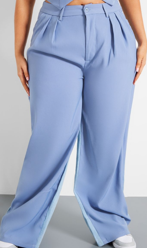 Plt - Plus Light Blue Denim Contrast Tailored Wide Leg Trousers