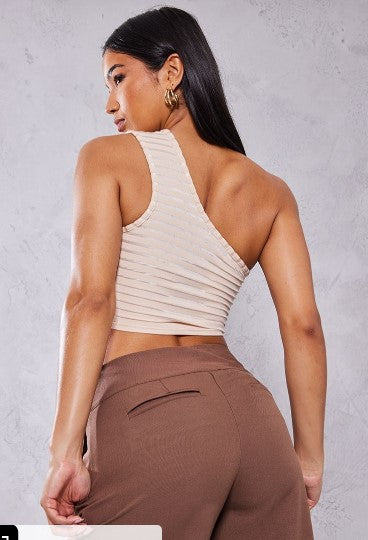 STONE TEXTURED STRIPE ONE SHOULDER CROP TOP