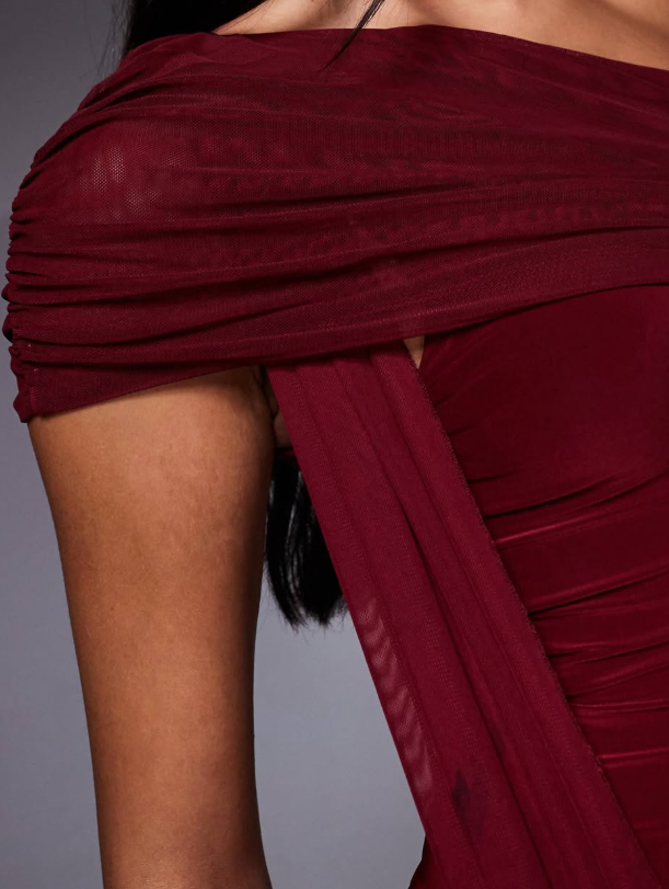 Kaiia - exclusive double layered slinky mesh one shoulder drape detail maxi dress in burgundy