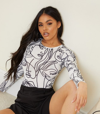 White Abstract Face Print Basic Crew Neck Long Sleeve Bodysuit