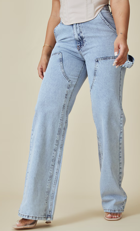 Light Blue Wash Seam Detail Panel Straight Leg Jeans