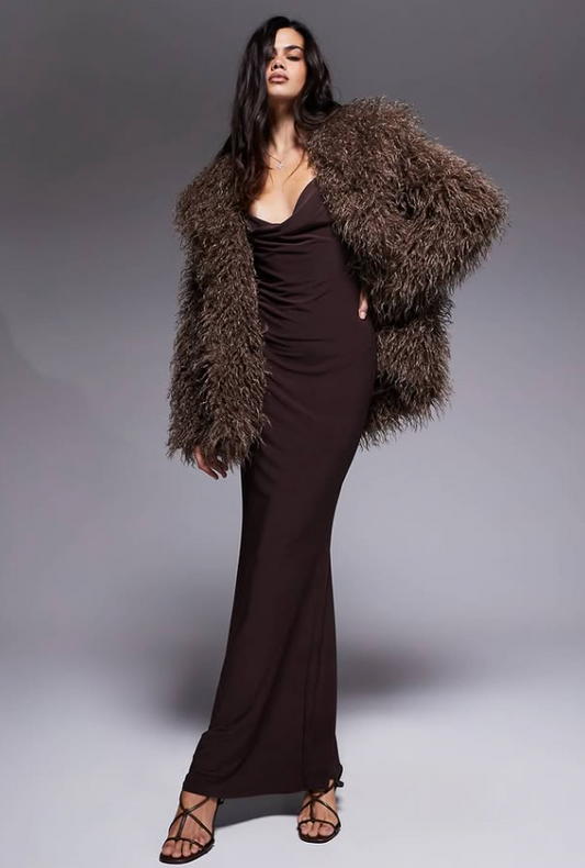 Asos -cowl drape maxi slip dress with faux bra strap in brown