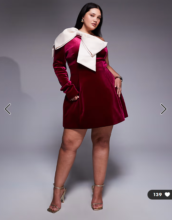 ASOS LUXE Curve one shoulder velvet mini dress with bow detail in burgundy