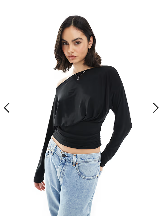 ASOS DESIGN slinky asymmetric one shoulder long sleeve top with cinch waist detail in black