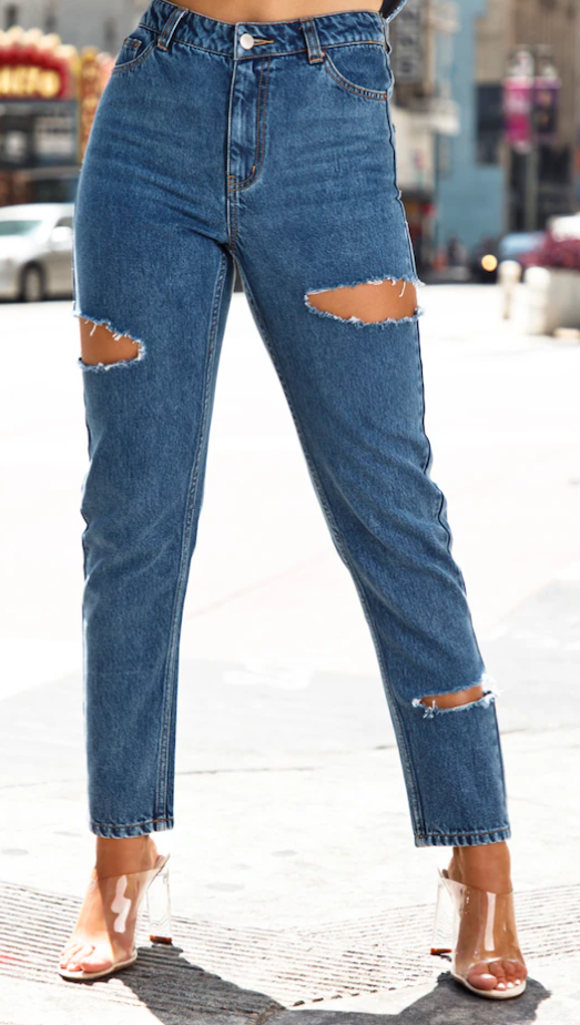 Mid Blue Thigh Split Straight Leg Jeans