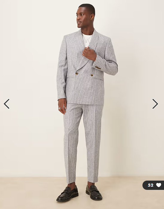 ASOS DESIGN linen blend double breasted regular suit jacket in blue stripe