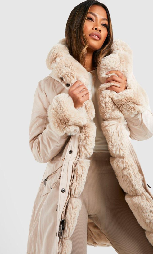 Boohoo Luxe Faux Fur Trim Collar And Cuff Parka - cream