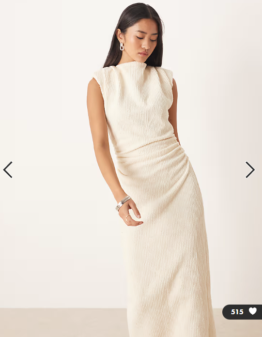 ASOS DESIGN boucle sleeveless shoulder pad ruched midi dress in neutral
