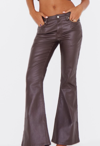 Brown Coated Denim Flared Jeans