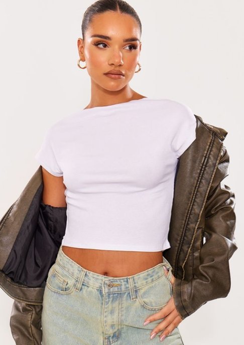 White Short Sleeve Soft Rib Backless Top