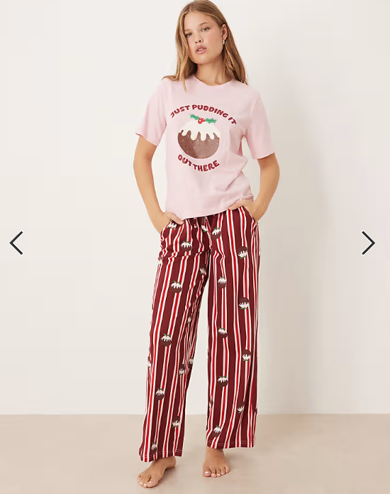 Threadbare short sleeve christmas pudding pyjamas with stripe trouser in pink and red SET