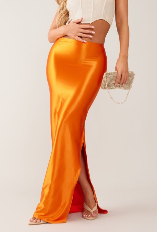 Rust Stretch Satin Split Side Maxi Skirt