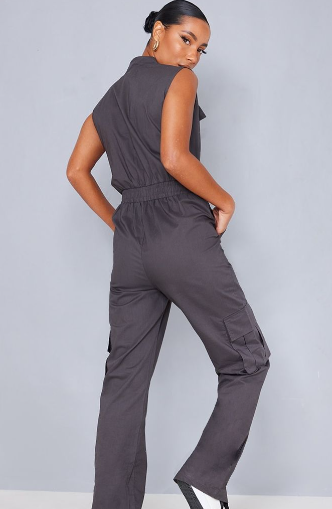 Charcoal High Neck Sleeveless Pocket Detail Utility Jumpsuit