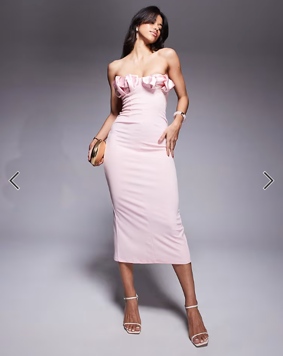 ASOS DESIGN bandeau midi dress with pleated satin bust cups in light pink in scuba-style fabric