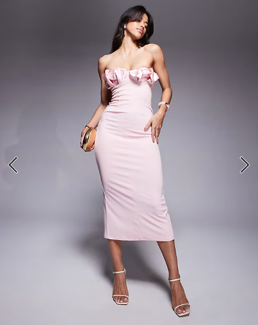 ASOS DESIGN bandeau midi dress with pleated satin bust cups in light pink in scuba-style fabric