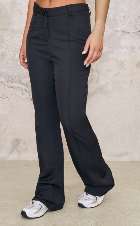 Black Woven V Front Pintuck Flared Trousers